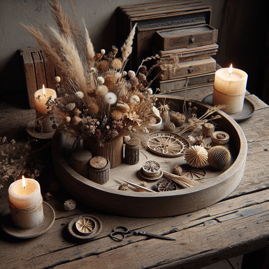 rustic tray with dried flower arrangement