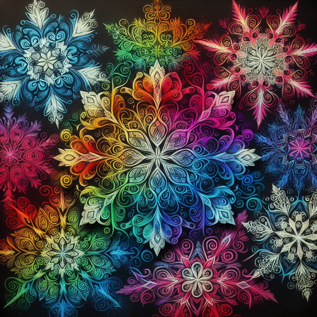 snowflake patterns in rainbow chalk