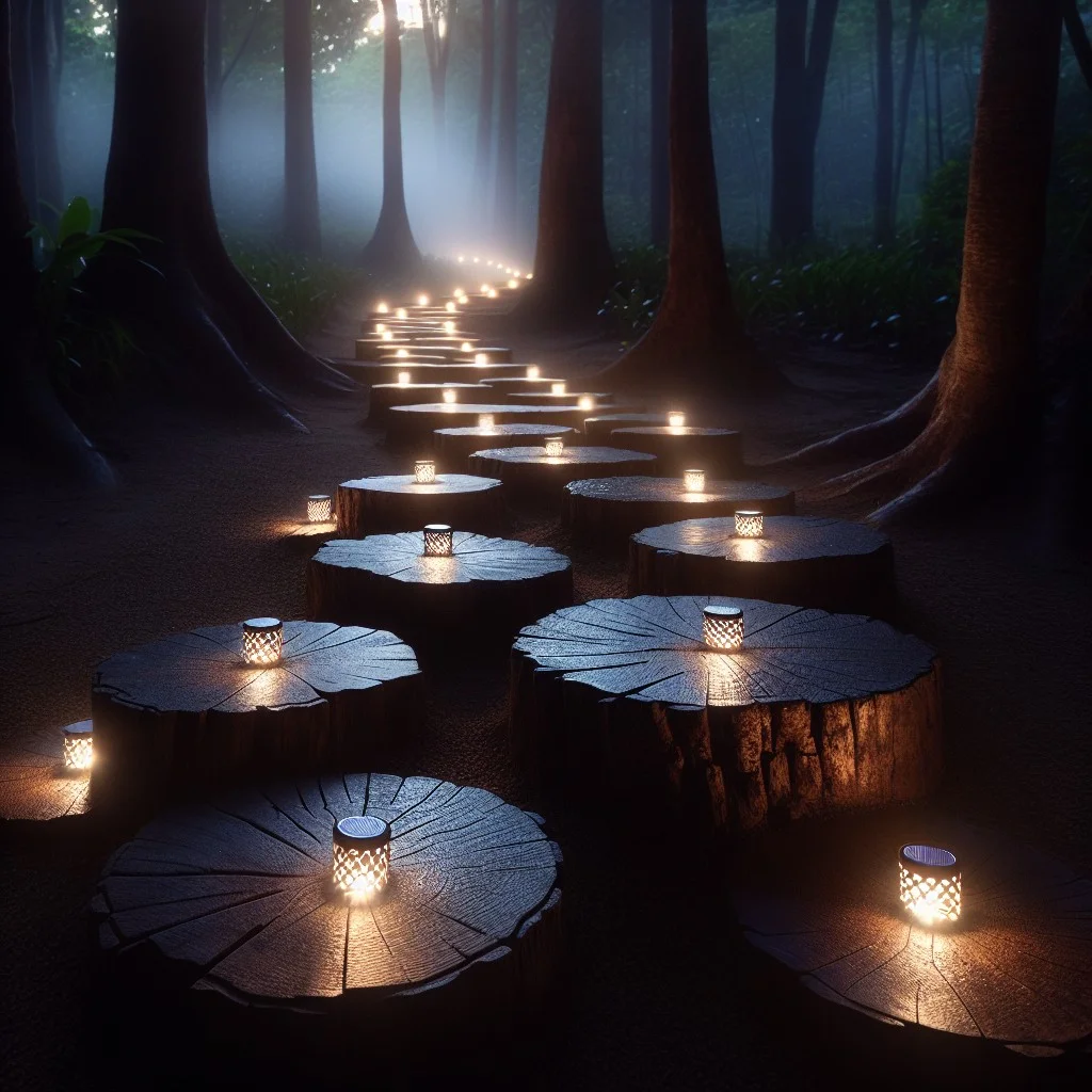 solar light embedded tree stump stepping stones