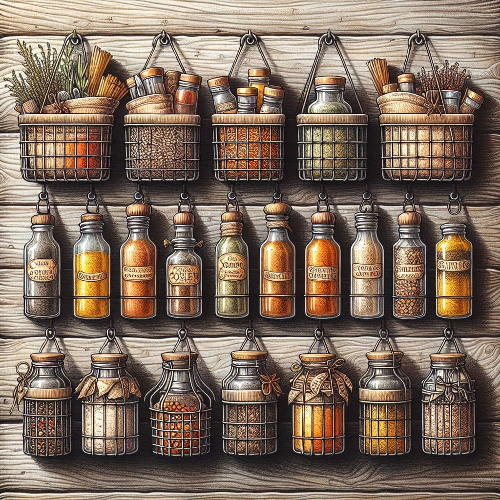 spice bottles in wire baskets rack