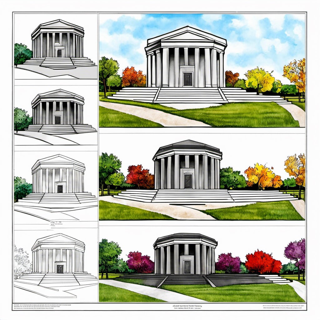 step by step drawing of the pentagon memorial and coloring page