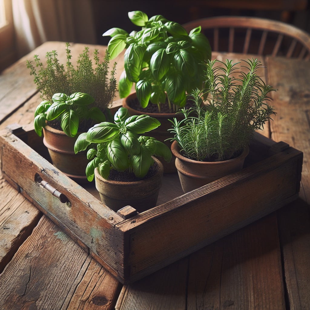 trays as mini potted herb gardens