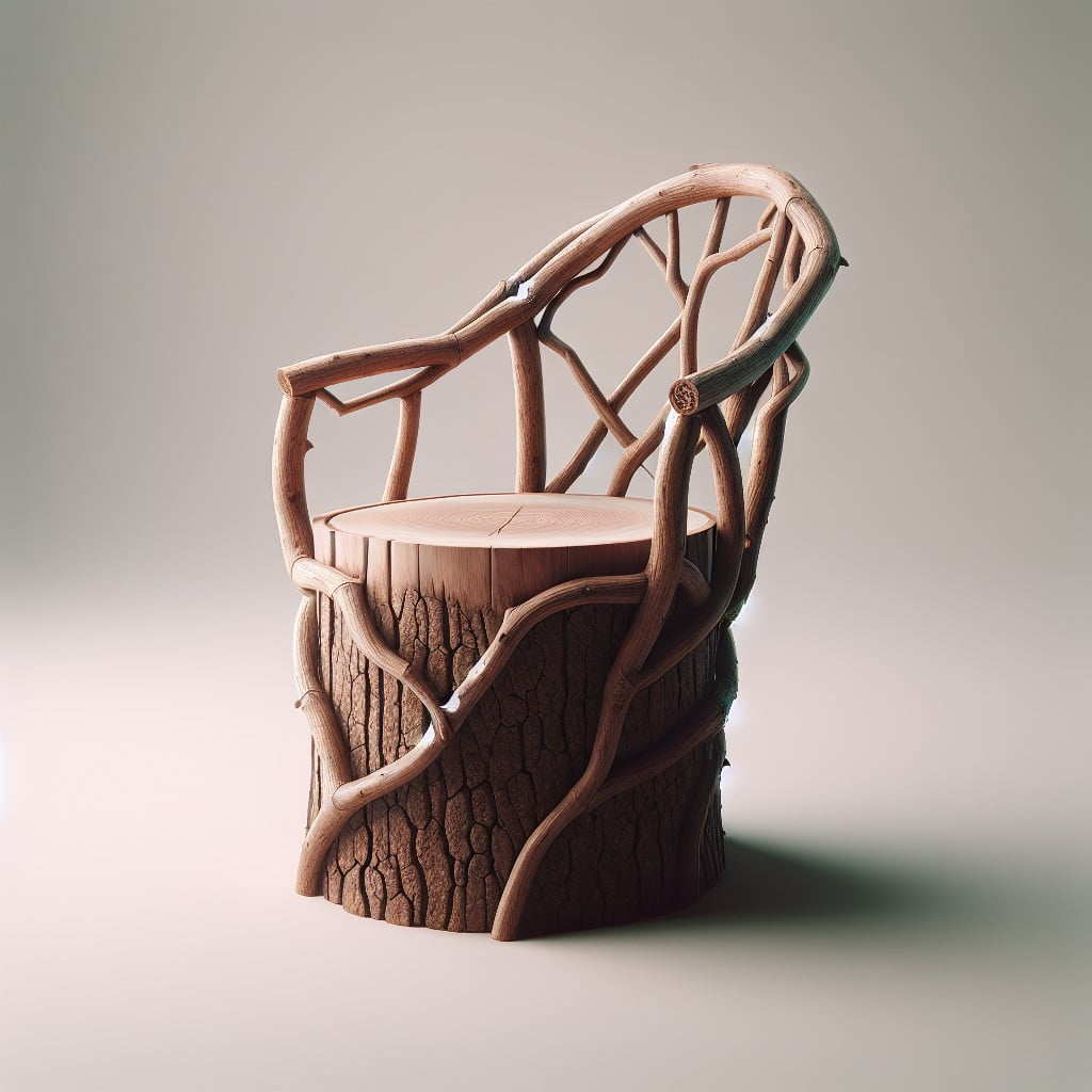 tree stump chair with a backrest made of branches
