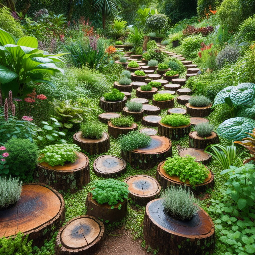 tree stump stepping stones with herb planters