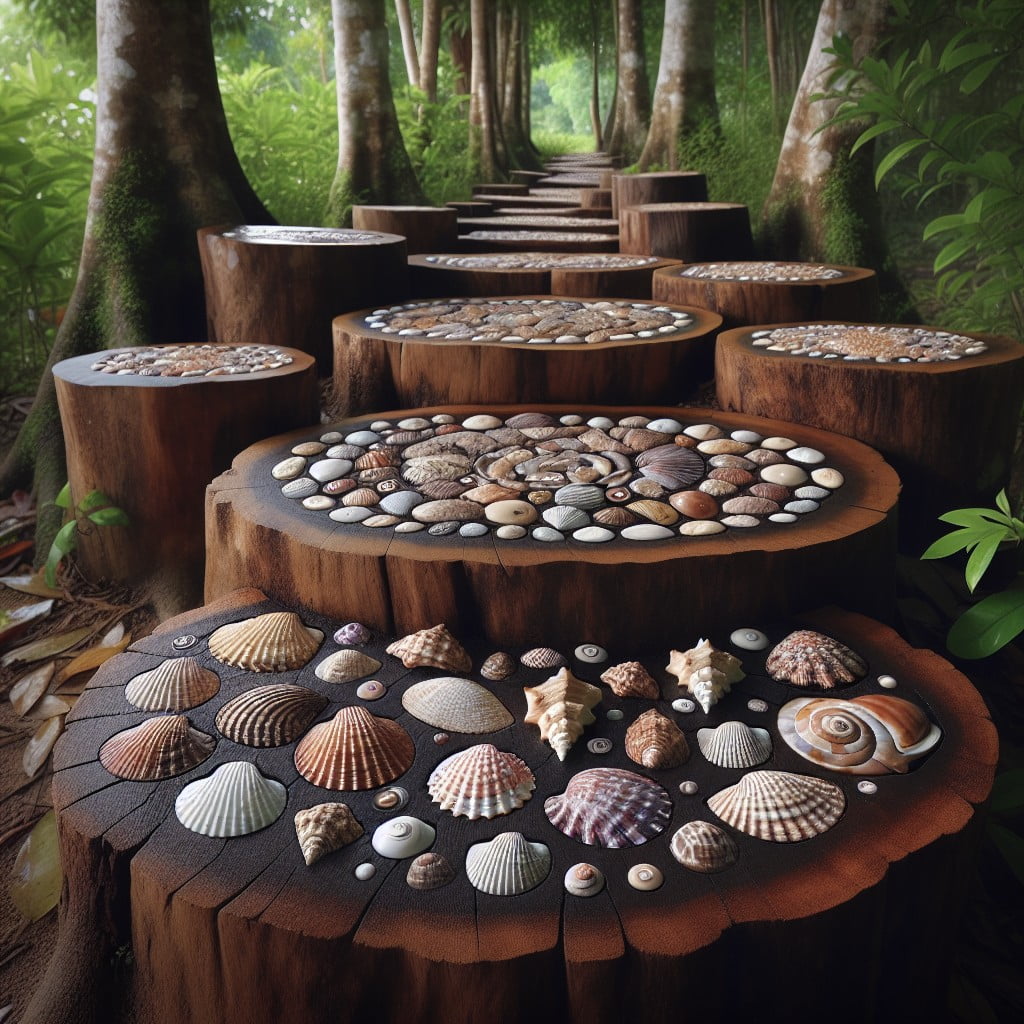 tree stump stepping stones with inlaid seashells
