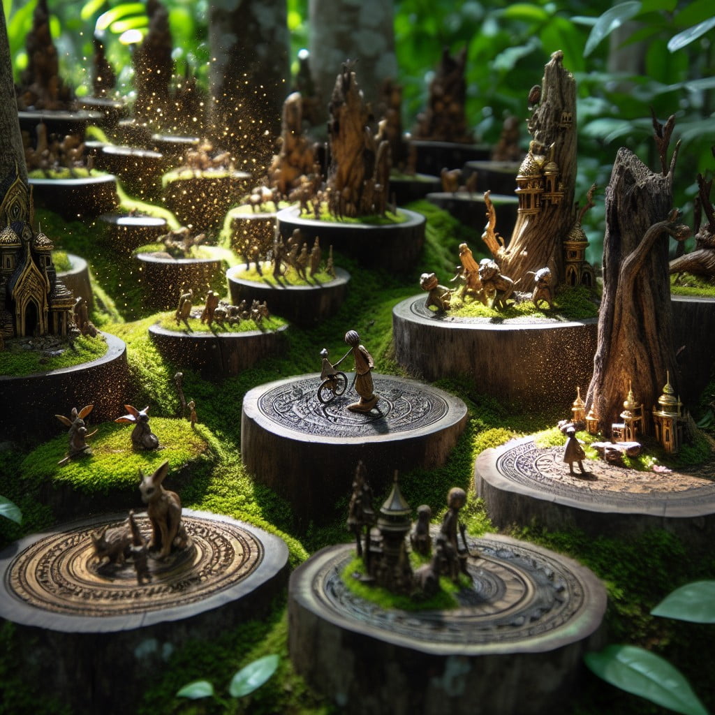 tree stump stepping stones with miniature stories