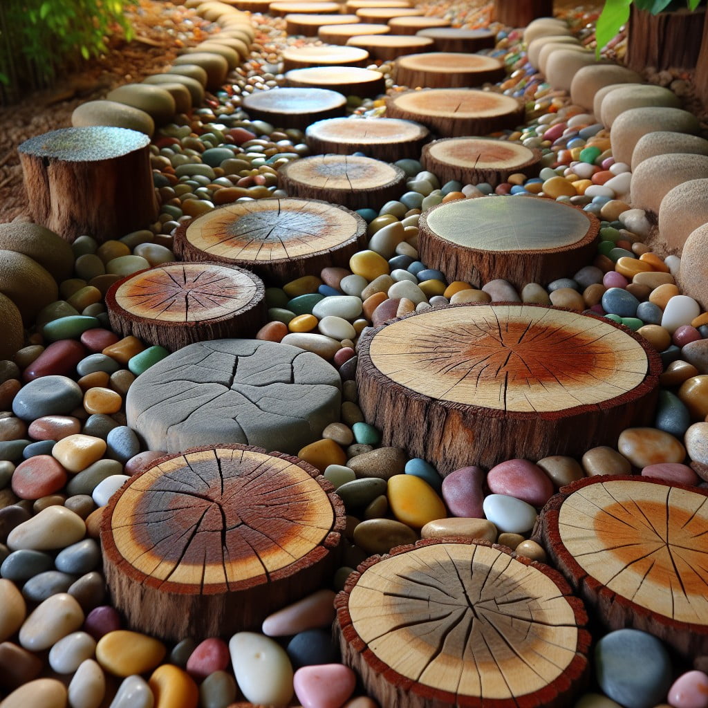tree stump stepping stones with pebble surrounding