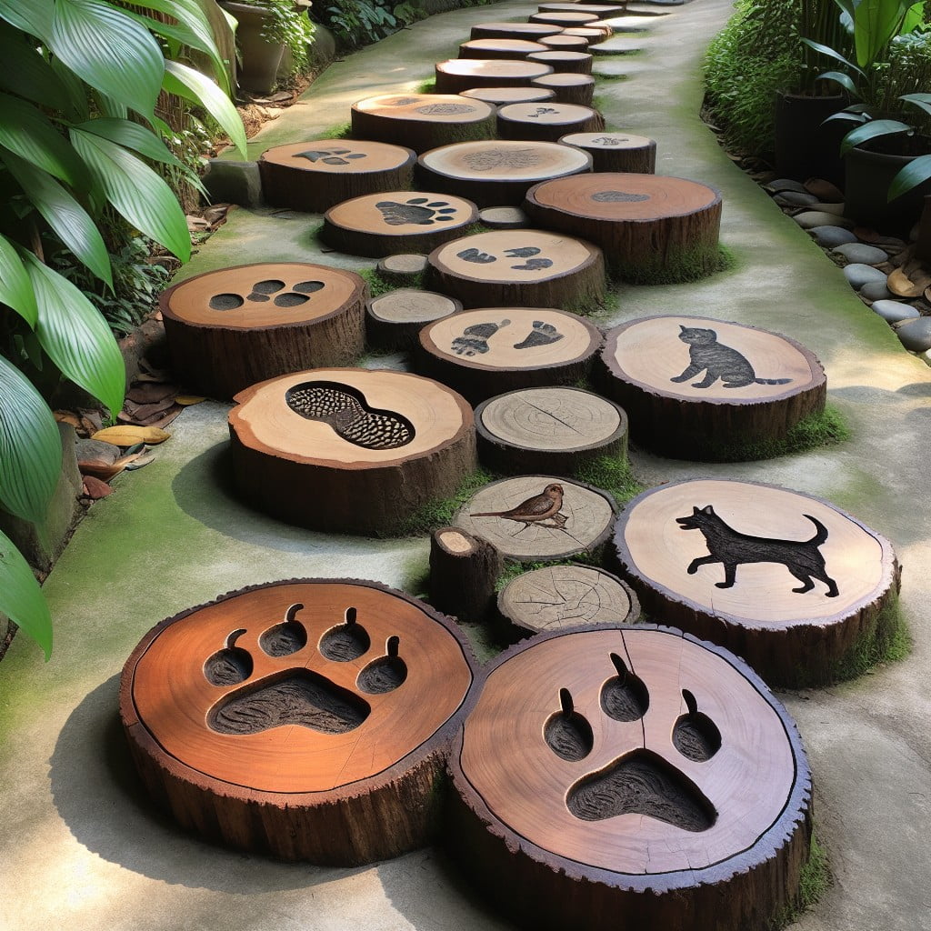 tree stump stepping stones with pet prints