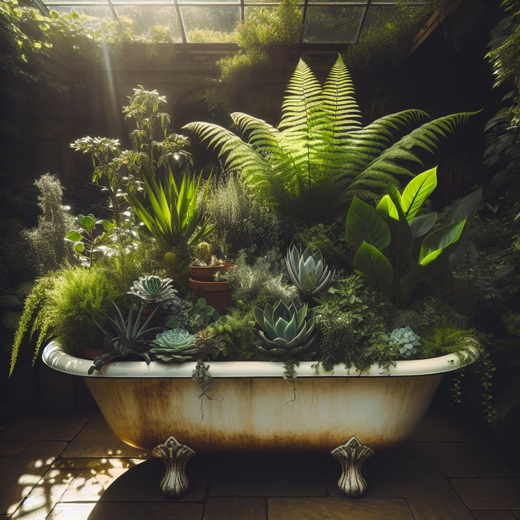 use ceramic bathtub as luxurious plant holder