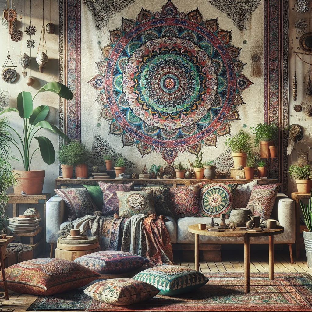 use colorful mandala tapestries to create a boho living room or bedroom wall