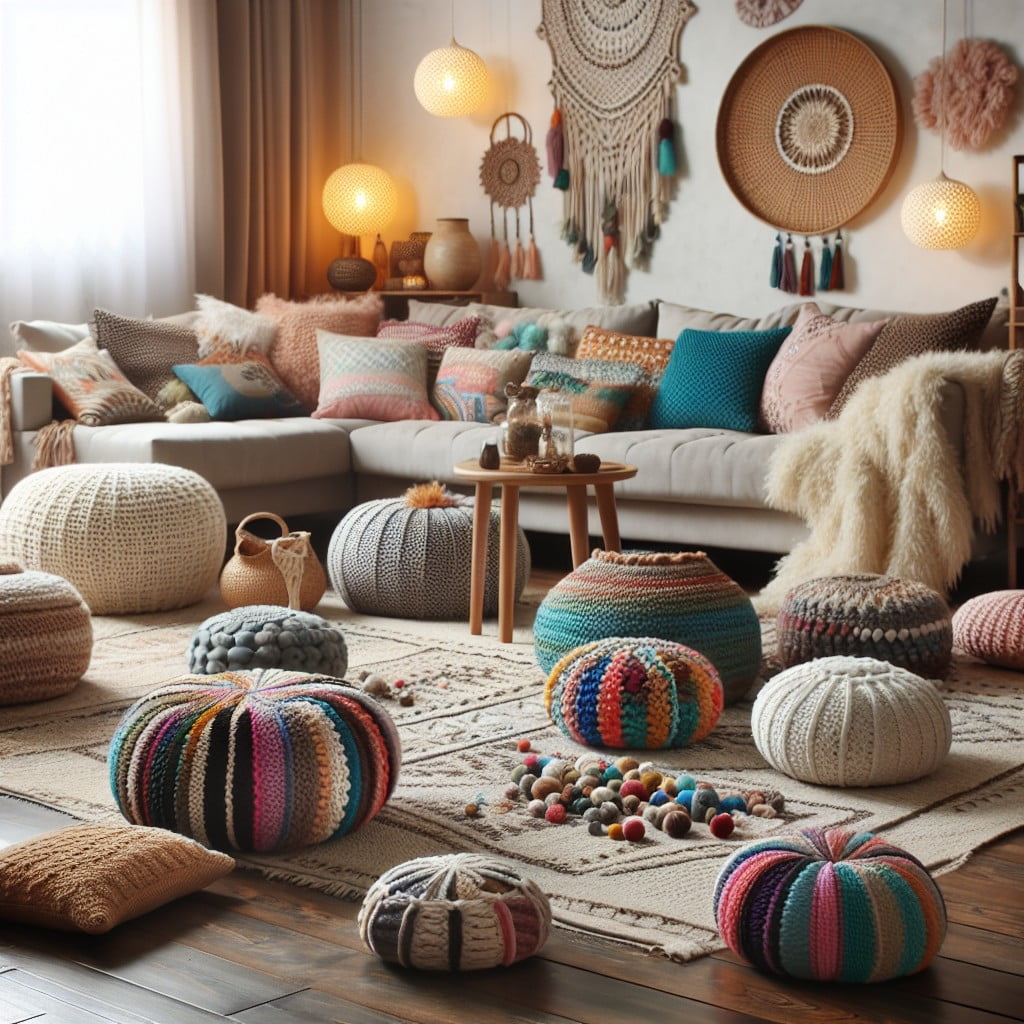 use knit poufs and floor pillows instead of traditional chairs