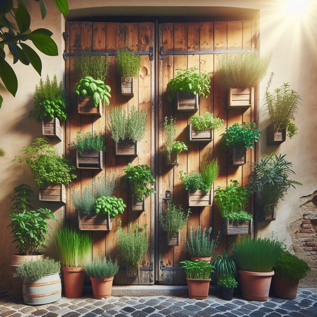 utilize the door as a vertical herb garden