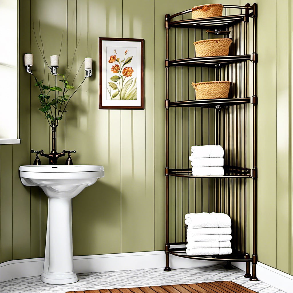 utilizing bakers racks for bathroom corner spaces