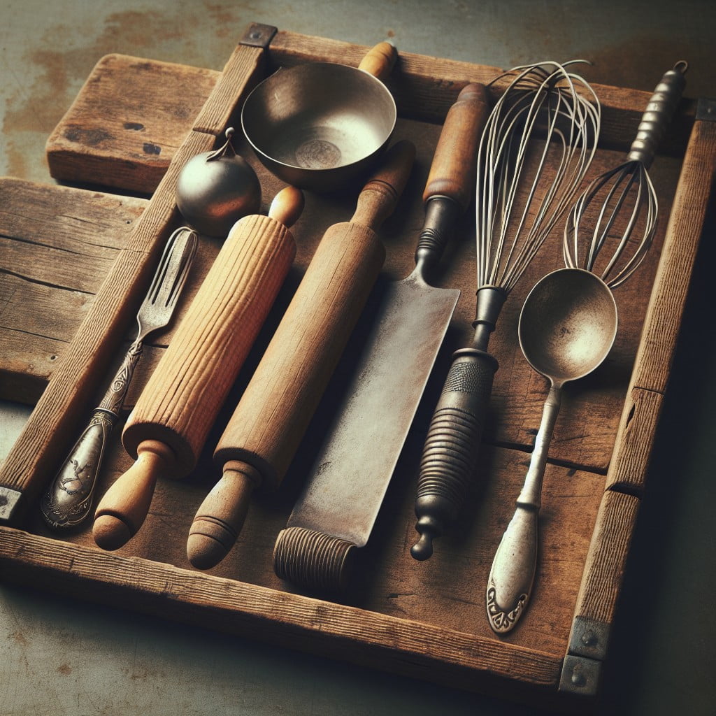 vintage kitchen tools on rustic tray display