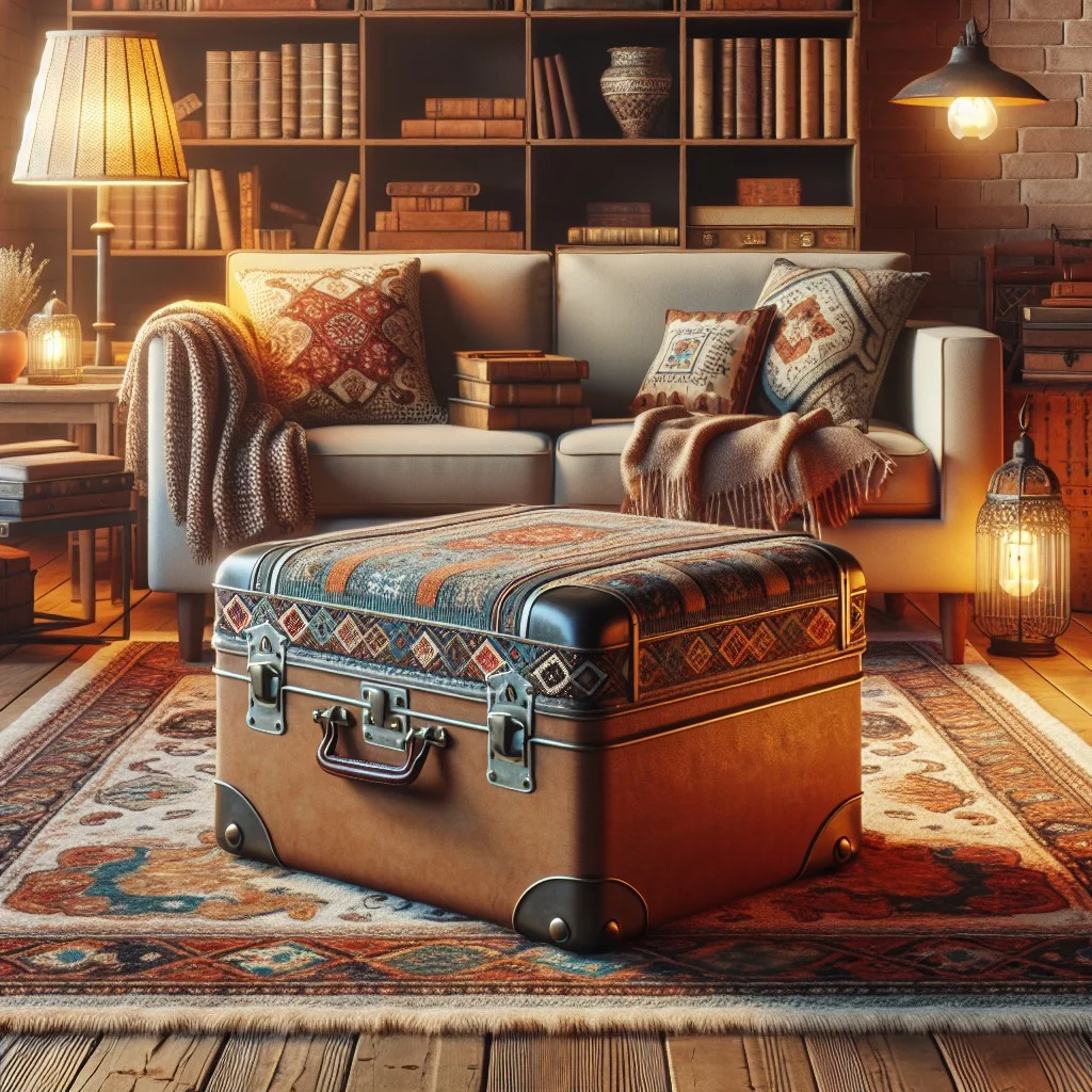 vintage suitcase turned ottoman