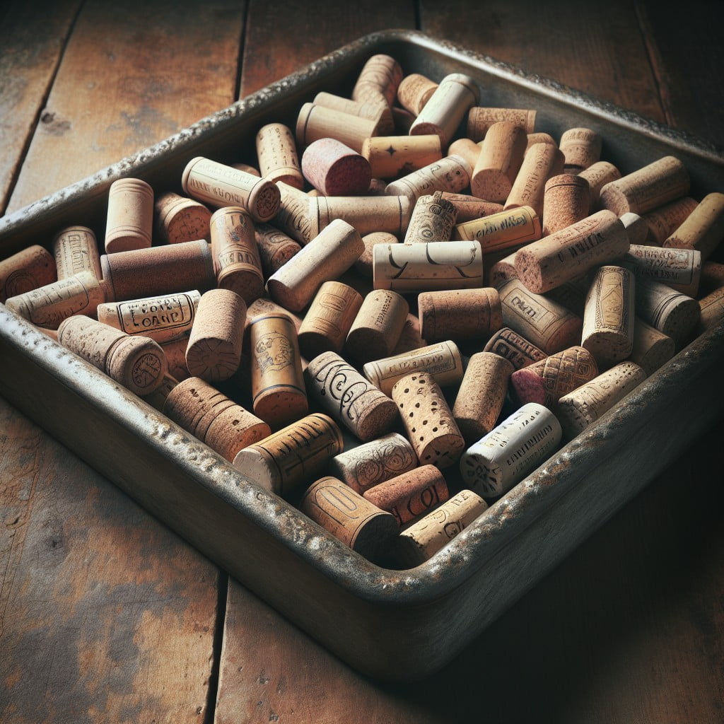 wine corks layered on rustic tray