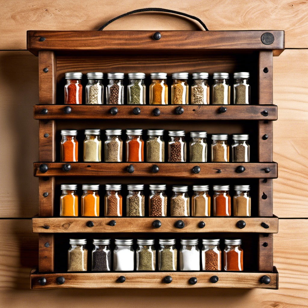 wooden spice rack with canvas sling holder