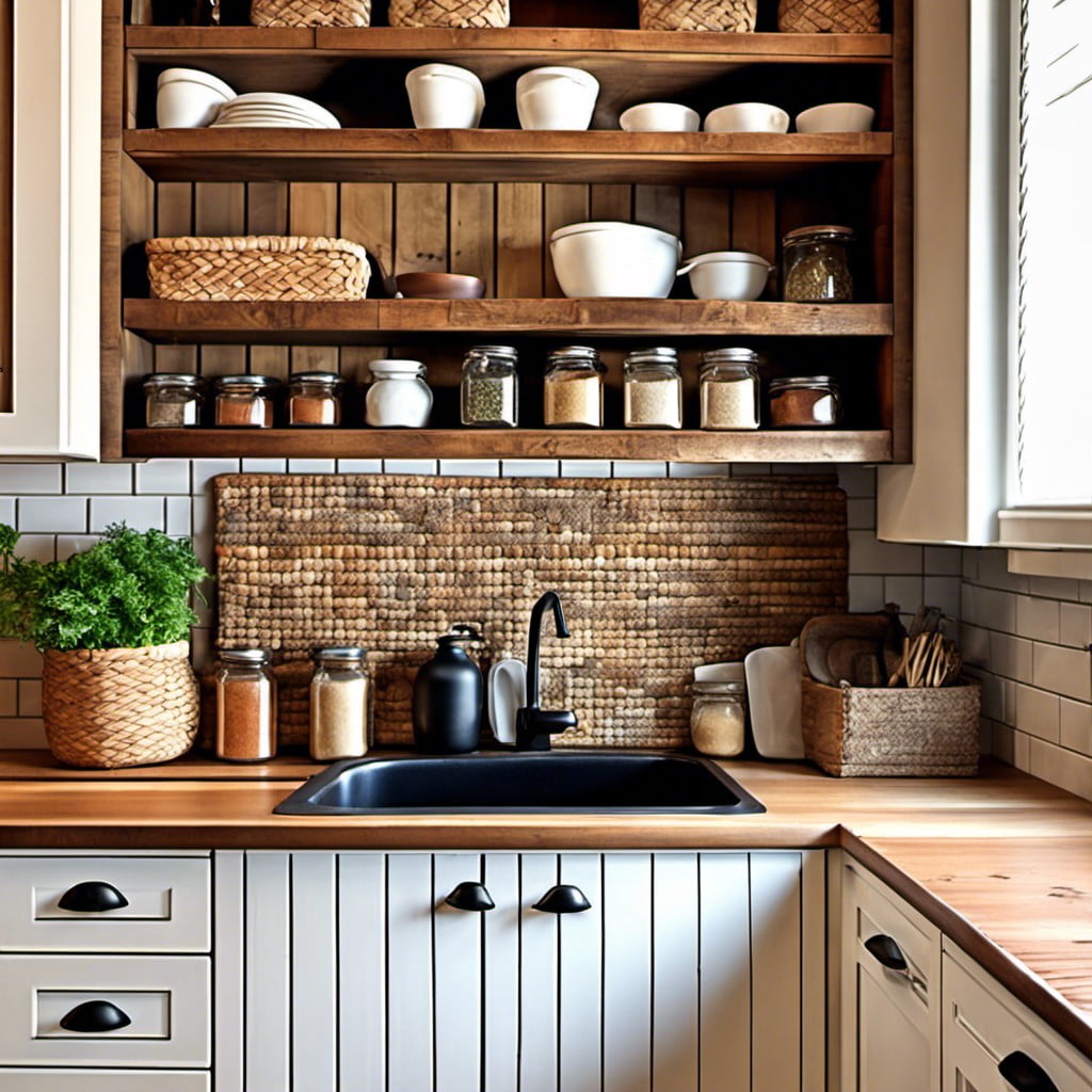woven basket spice rack for rustic kitchens
