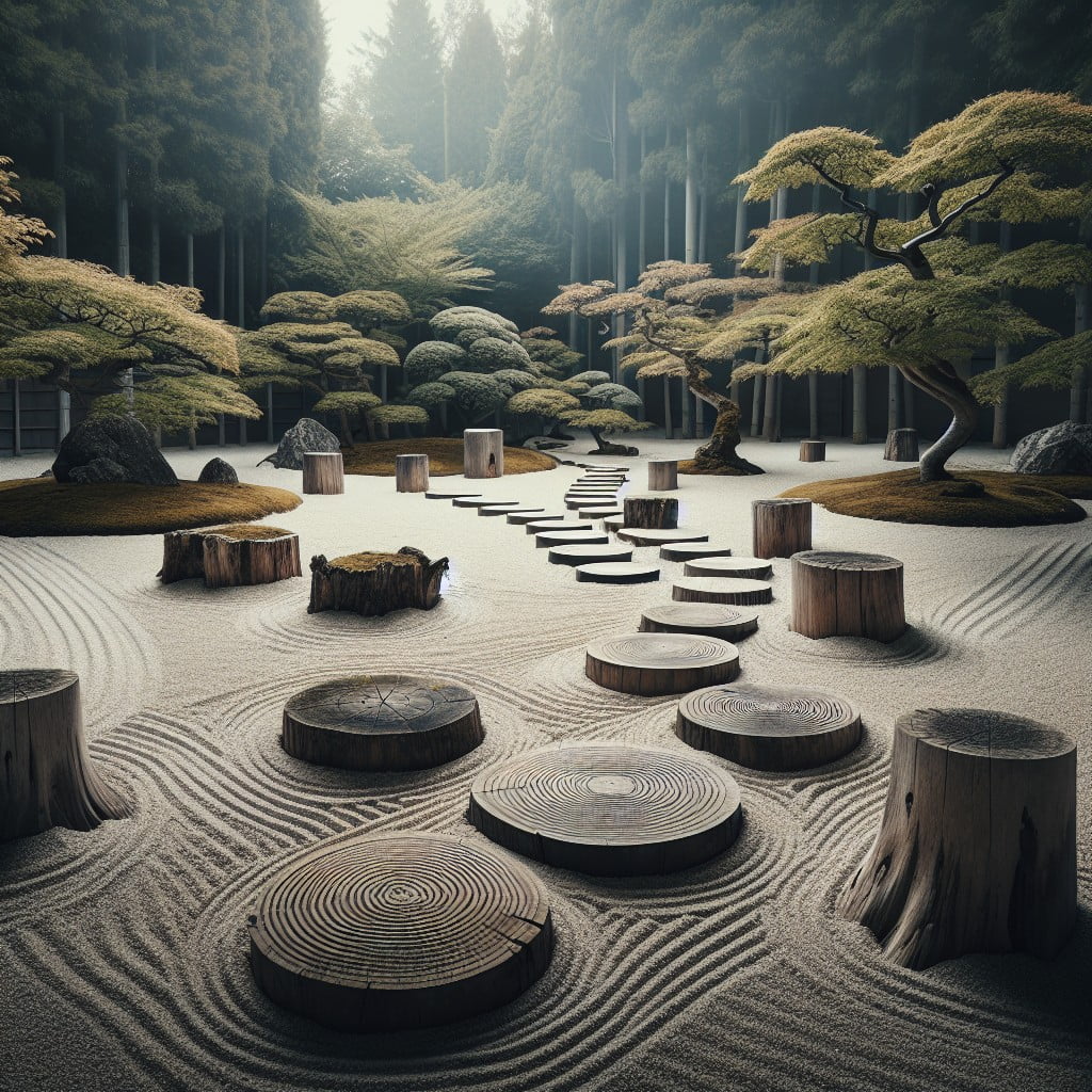 zen garden tree stump stepping stones