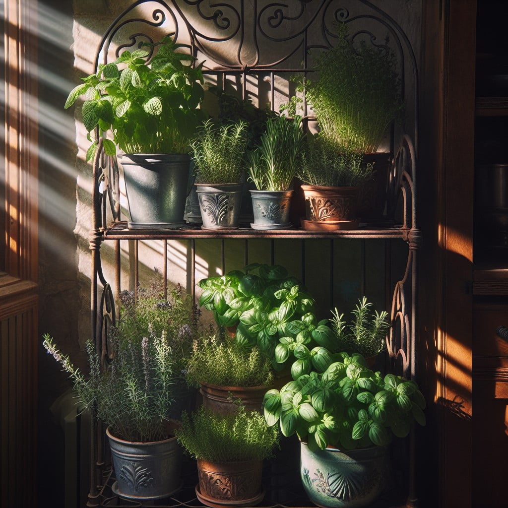 bakers rack as a mini herb garden