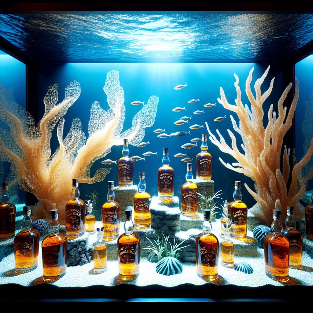 bourbon bottles in fish tank style display