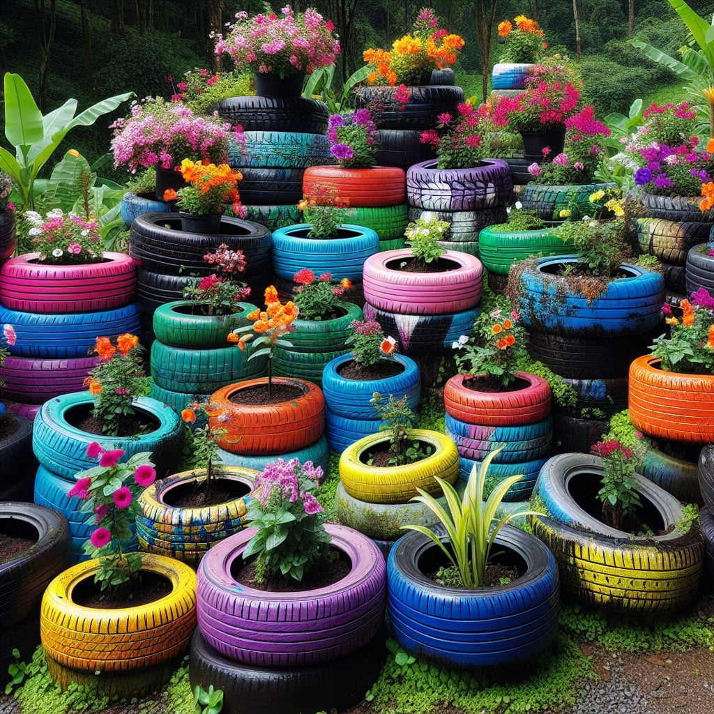 colorful tire flower pots