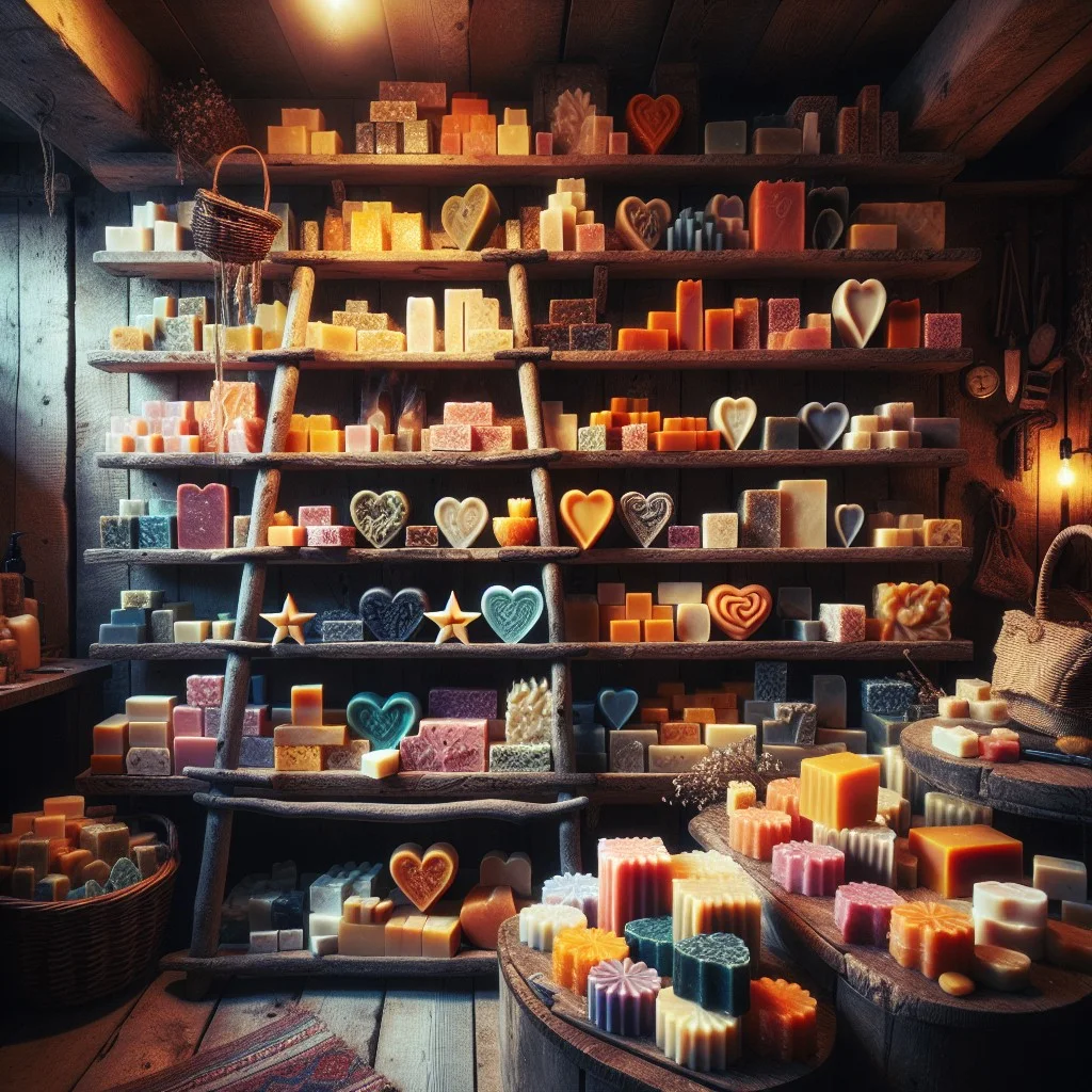 handmade soap display on a ladder shelf