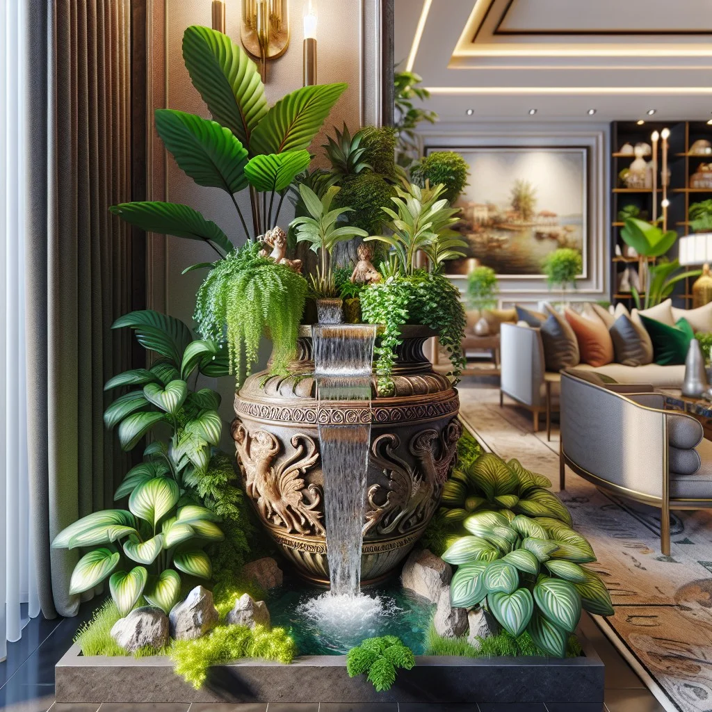 indoor mini waterfall decor with urn