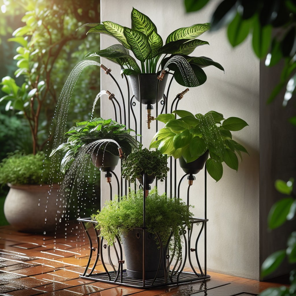 iron wire plant stand with watering system