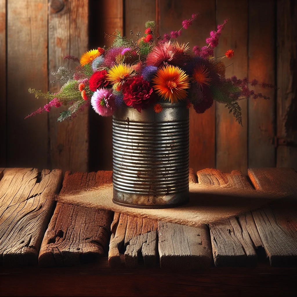 metallic vase with vintage tin cans