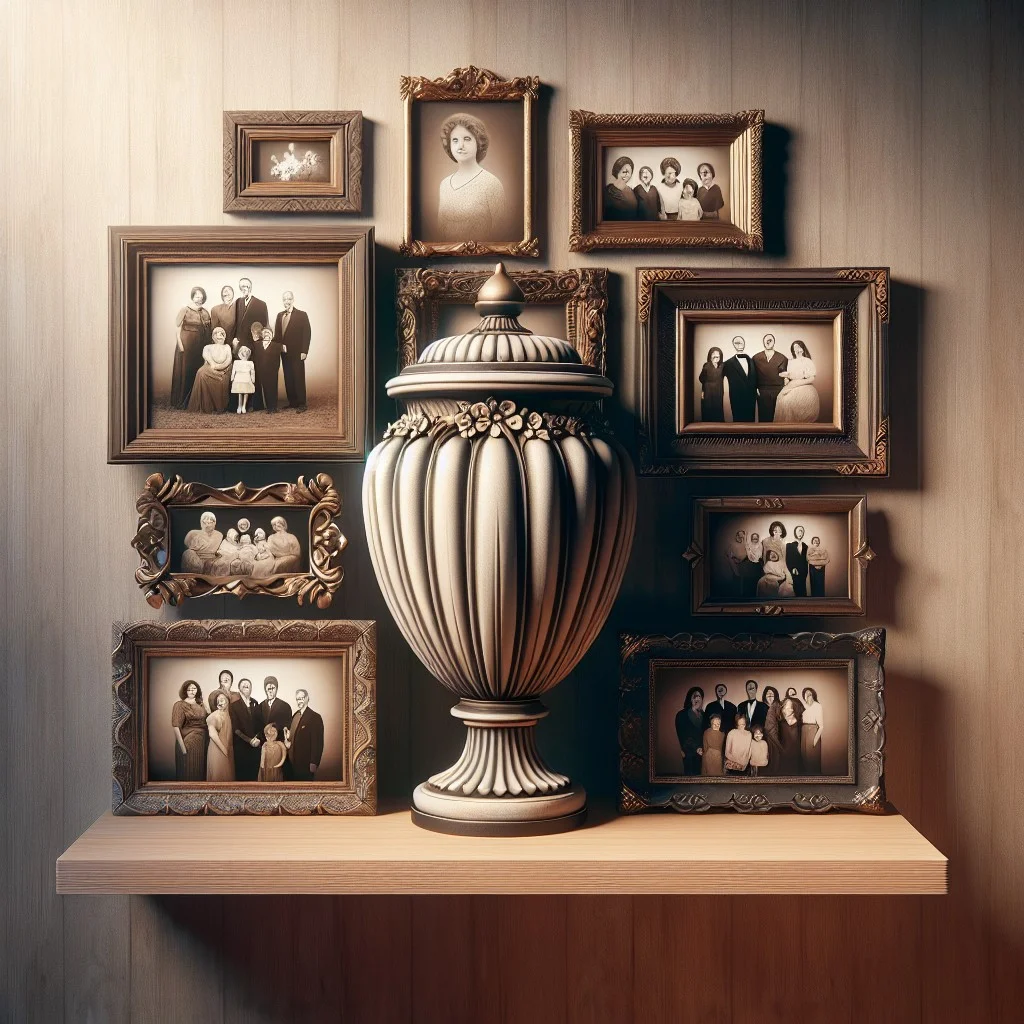 on a floating shelf among photographs