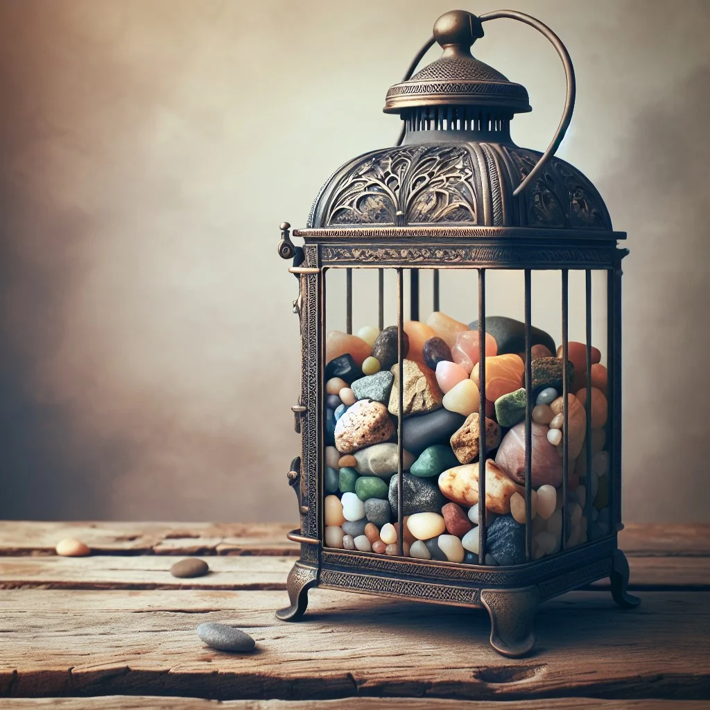 rock collection inside a lantern