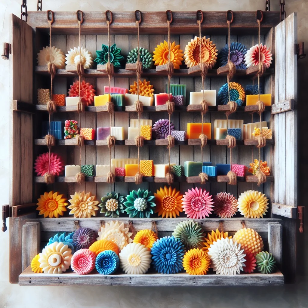 soaps on swinging shelves display