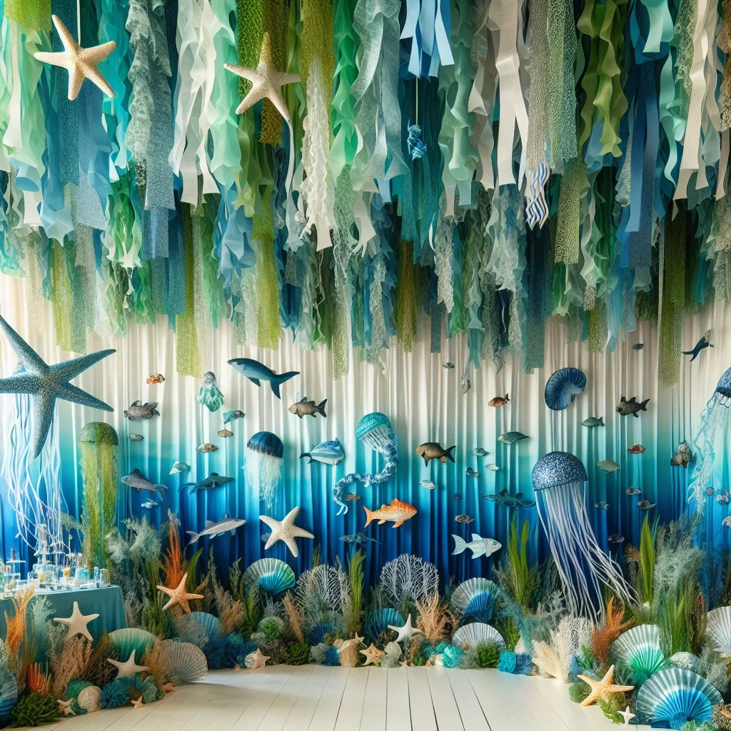 Seaweed Curtain made out of streamers. Just pinch the sides together and  tape on ribbon.