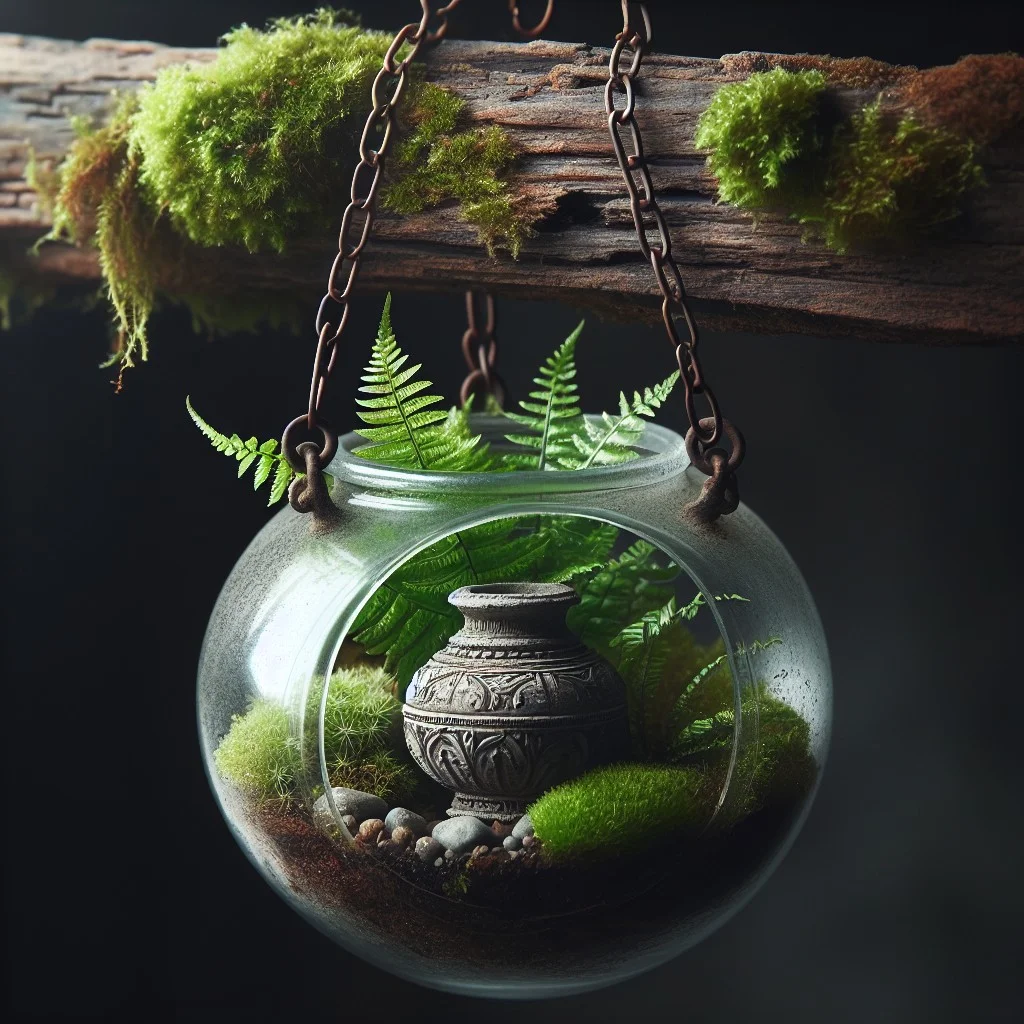 suspended in a hanging glass terrarium