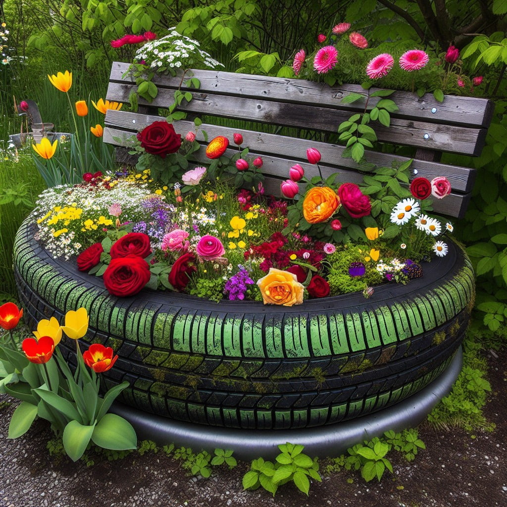 upcycled tire garden bench