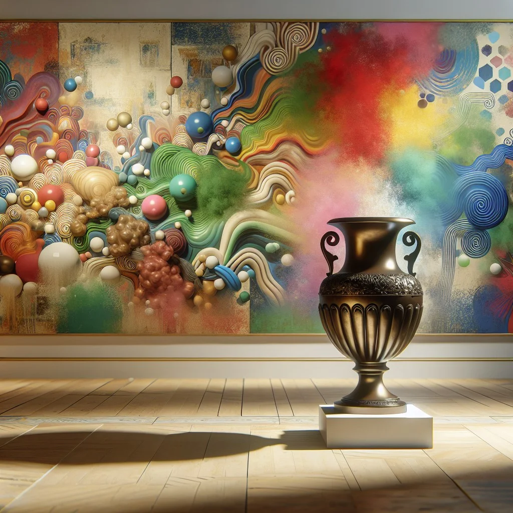 urn incorporated into wall art display