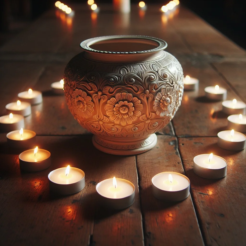 urn outlined with tea light candles