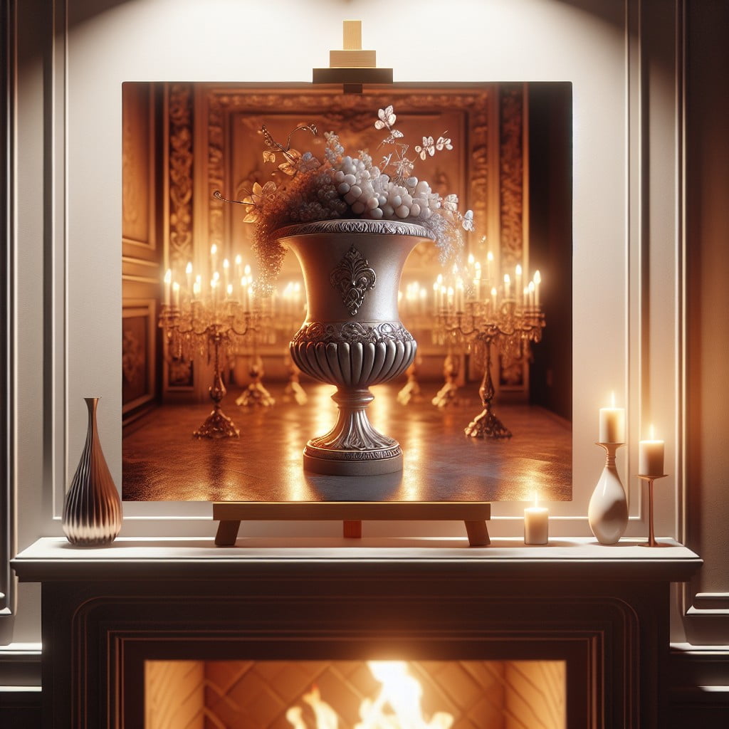 urn within a fireplace mantel display