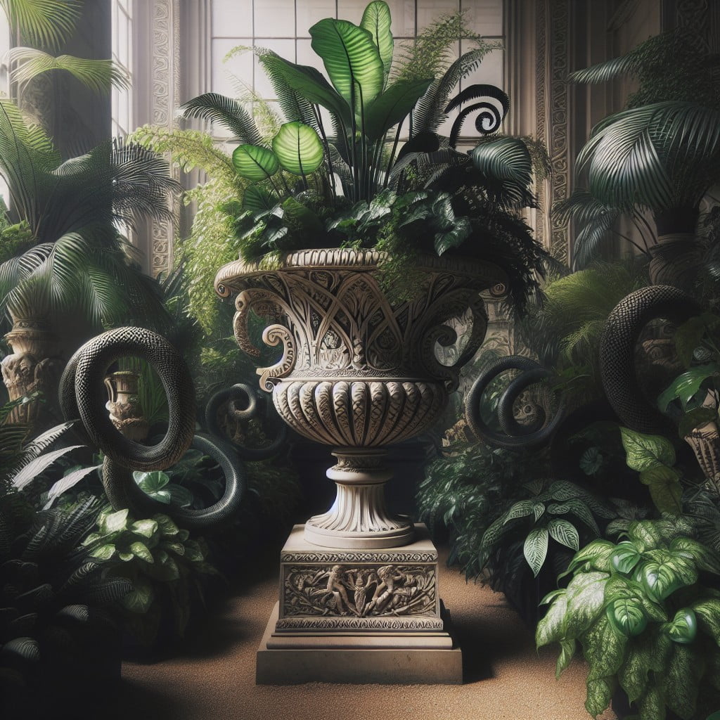 urns showcased among indoor plants