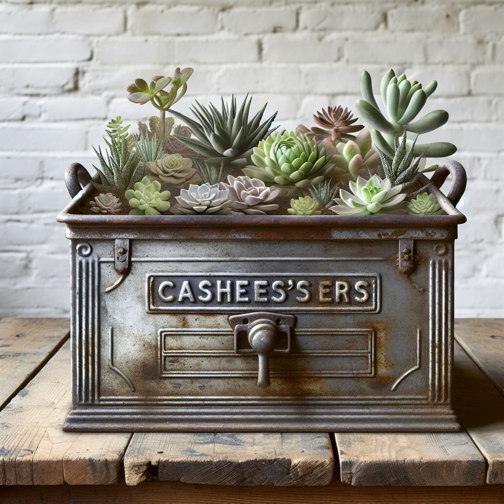 vintage metal cash box planter