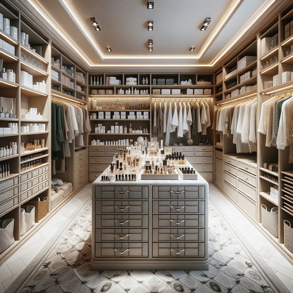 luxury walk in closets with a dedicated space for skincare products
