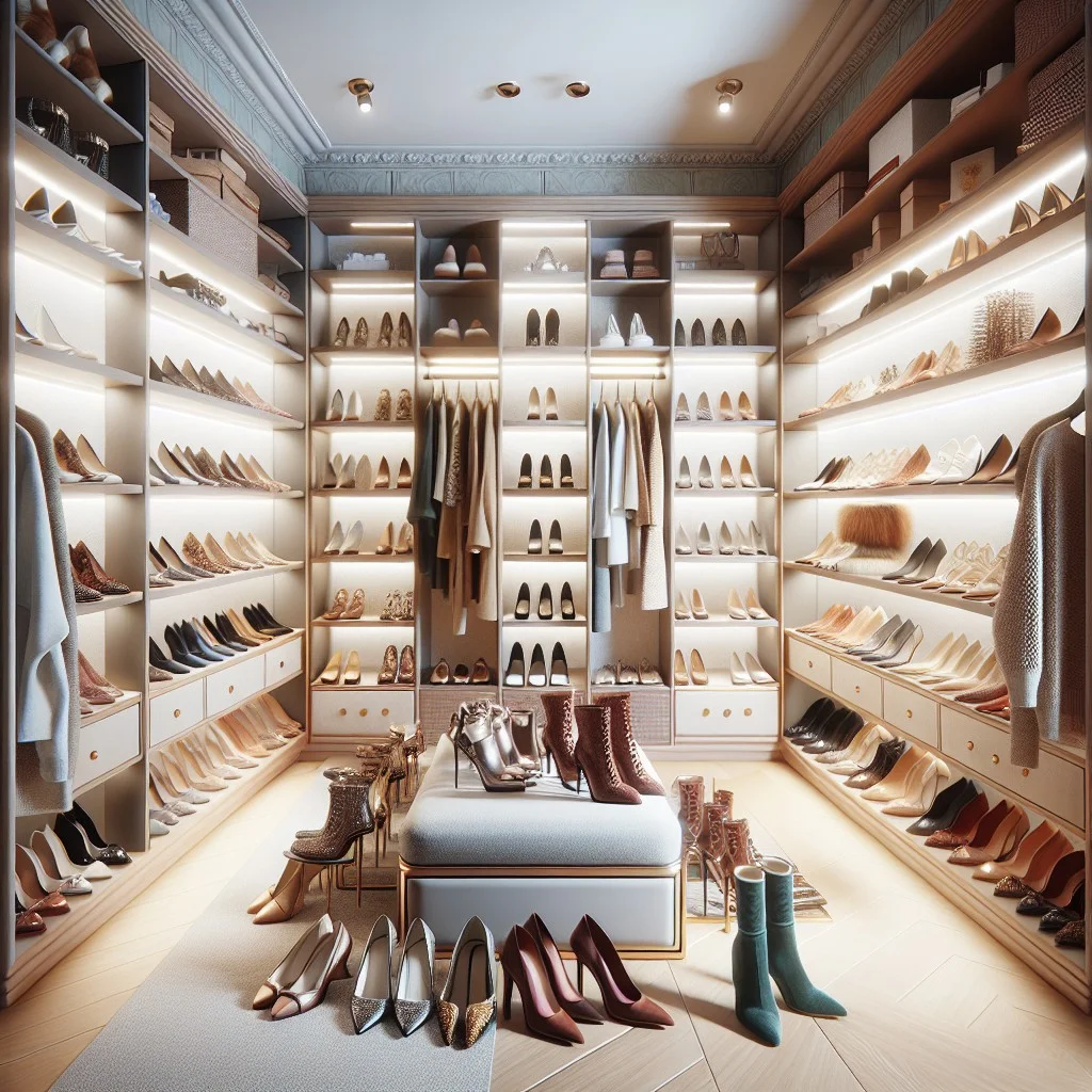 closet with crafted shoe display shelves