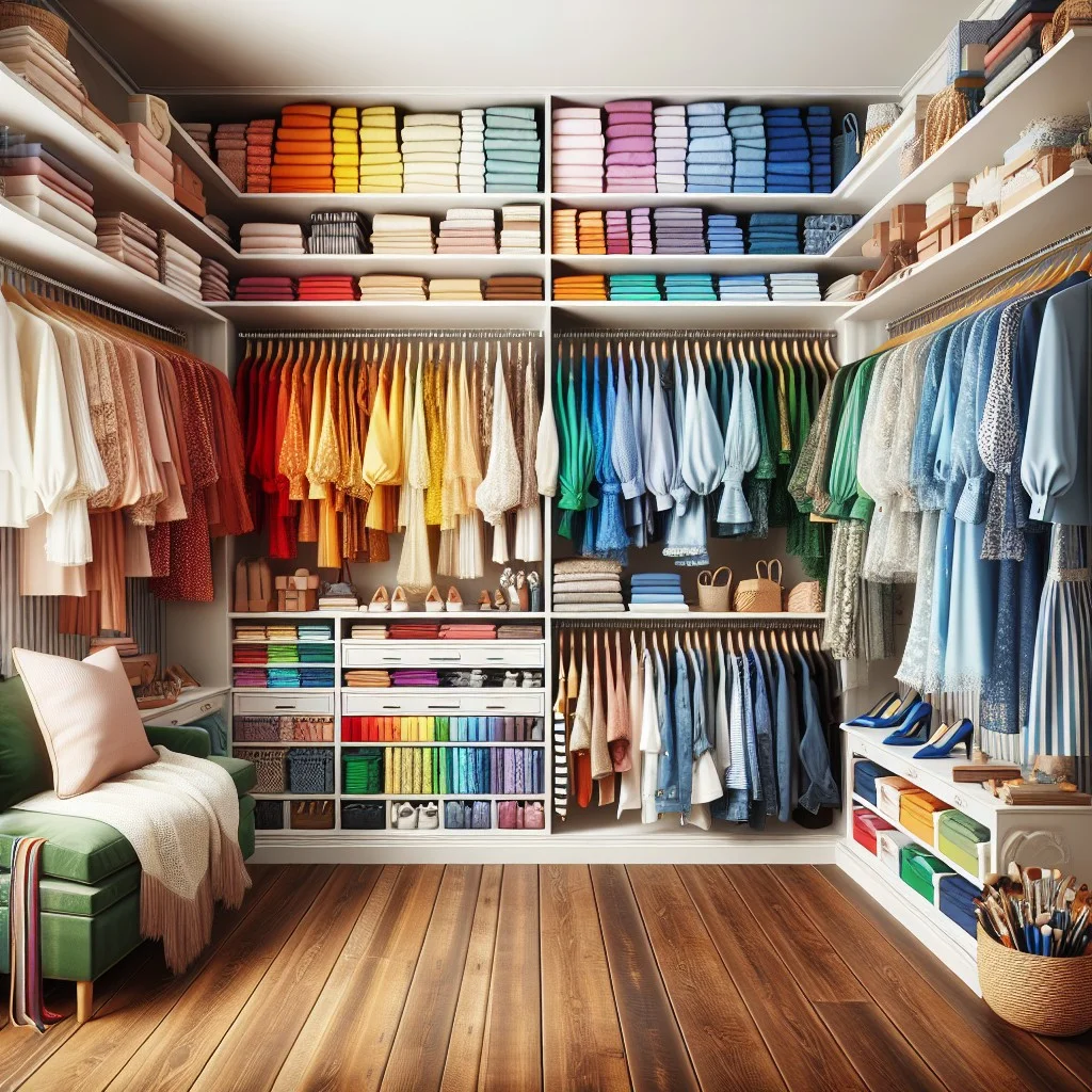 color coded shelving and hanging spaces