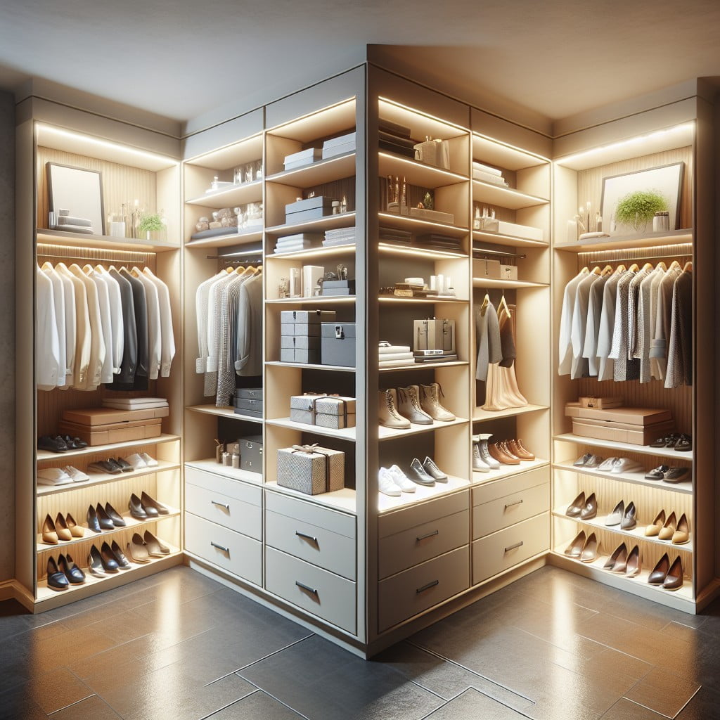 dual purpose l shaped closets combining storage and display