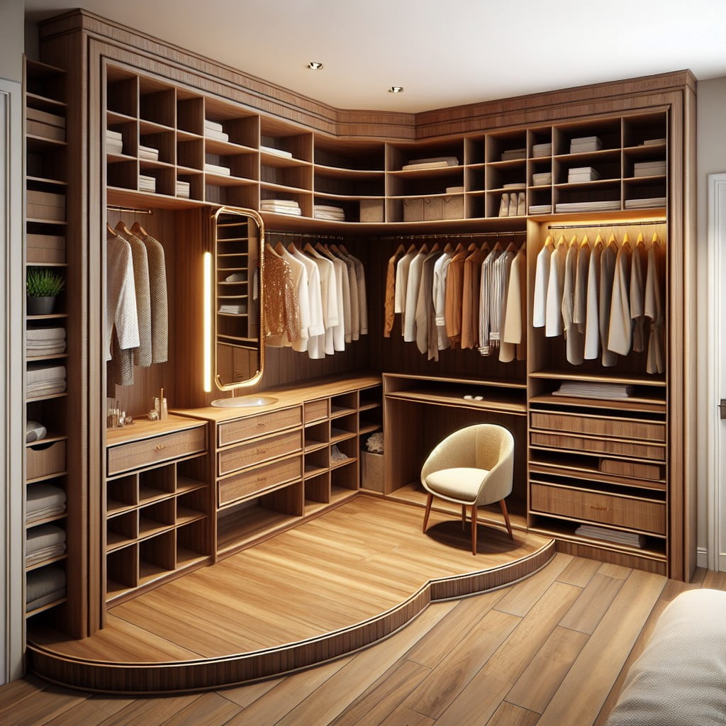 l shaped closet with hidden vanity space
