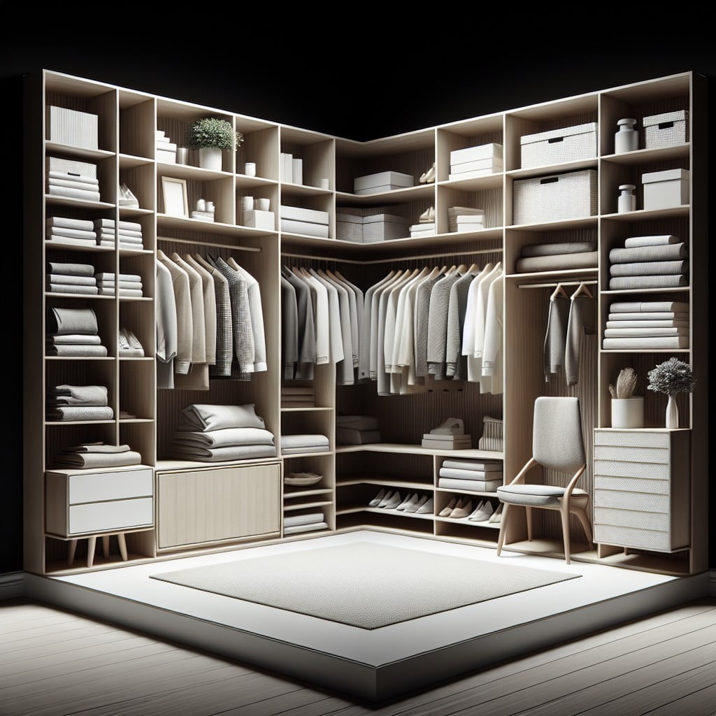 the art of mixing open and closed storage in l shaped closets