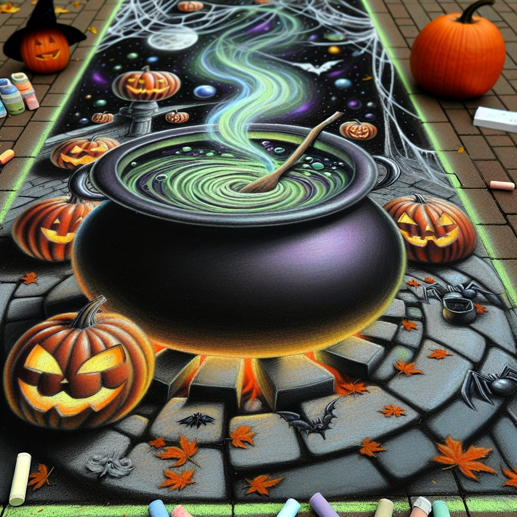 3d chalk art of a witchs brewing pot