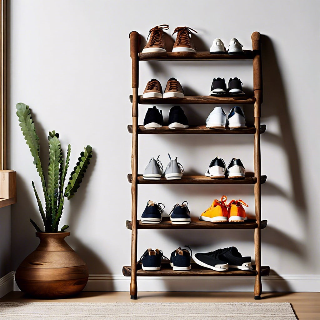 a ladder style sneaker rack for a touch of rustic charm