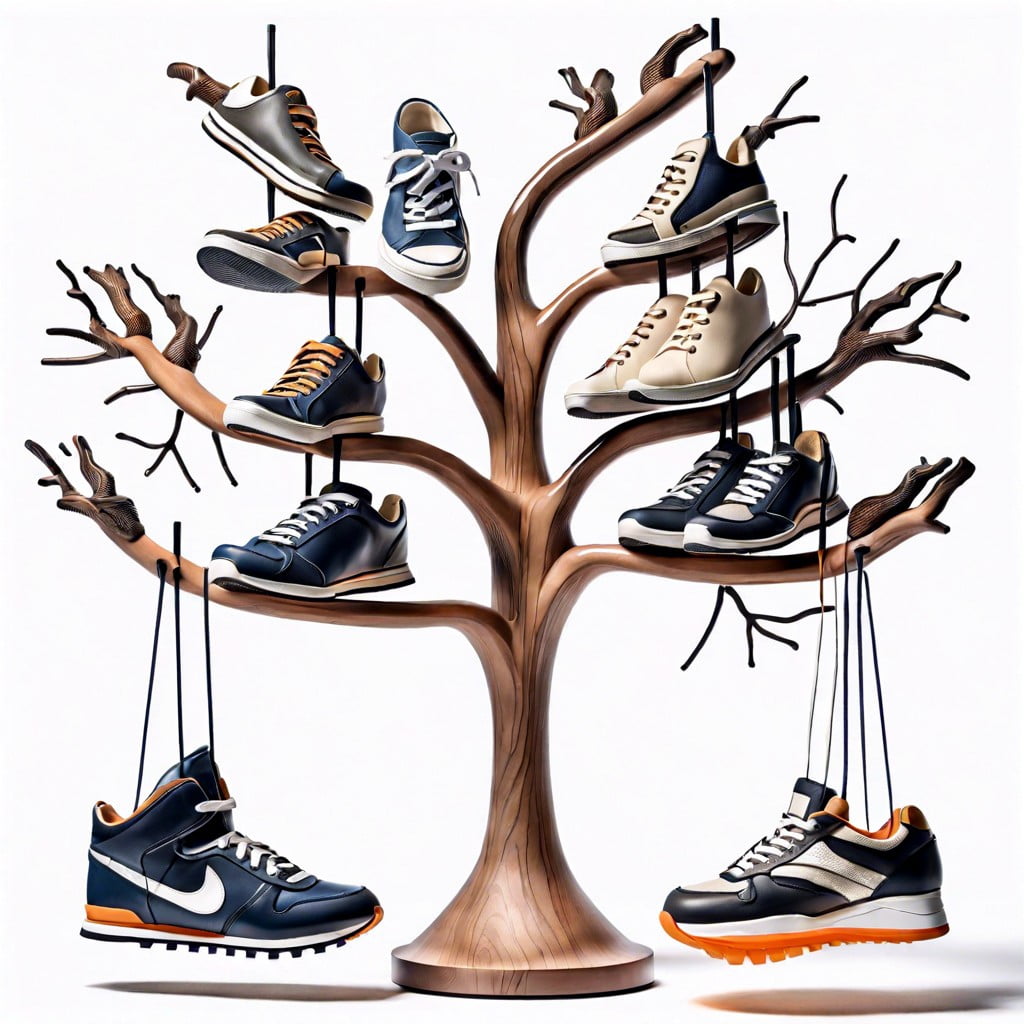 a shoe tree where each branch holds a pair of sneakers